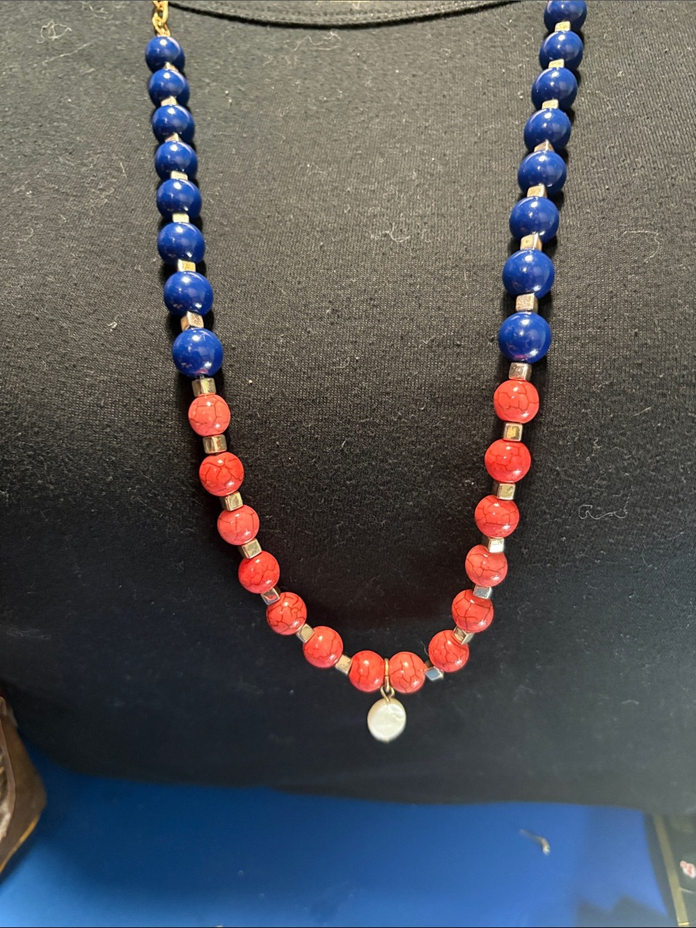 Blue and Red Beaded Women's Necklace - Unbranded